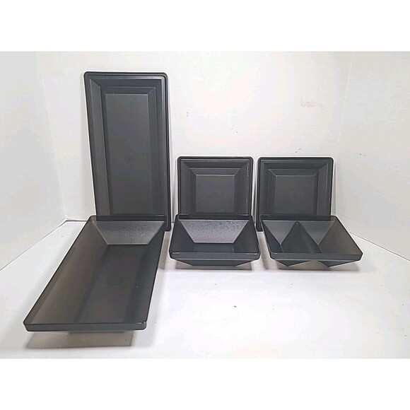 Complete Vintage Tupperware 1385 Smoke Black 7 PC Get Together Buffet Tray - Picture 2 of 12